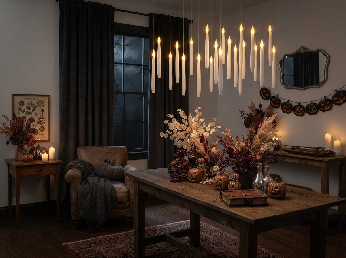 Floating LED candles suspended in a moody, decorated living room with dark charcoal and berry accents.