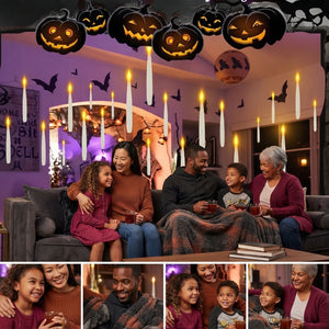 Diverse family relaxing in a cozy, Halloween-decorated living room with floating LED candles glowing above them.